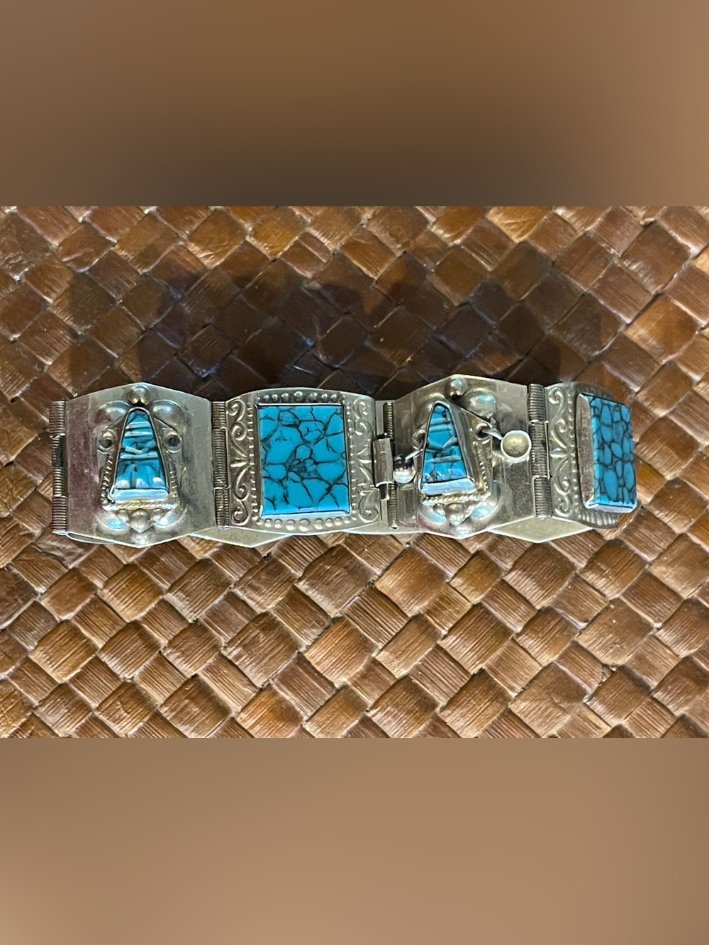 Vintage Taxco Mexico Sterling Silver 925 Turquoise Link Bracelet 8” 35g